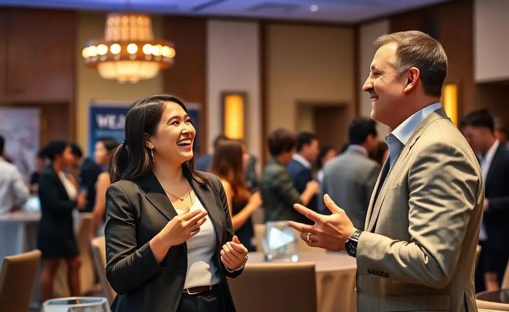 Two people engaging in a friendly conversation at a professional networking event.