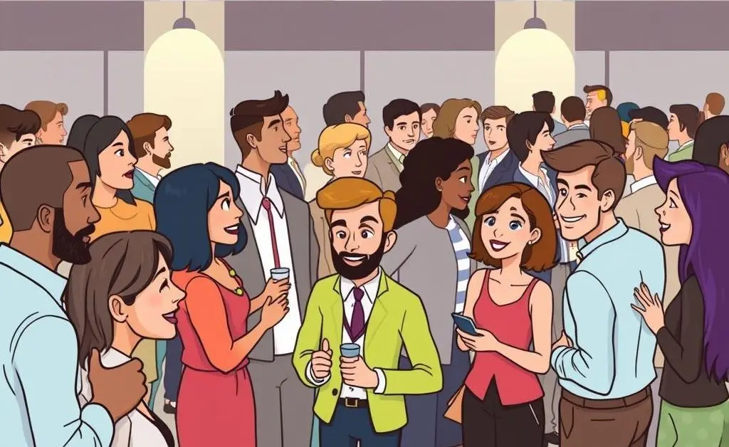 A lively networking event with diverse professionals interacting.