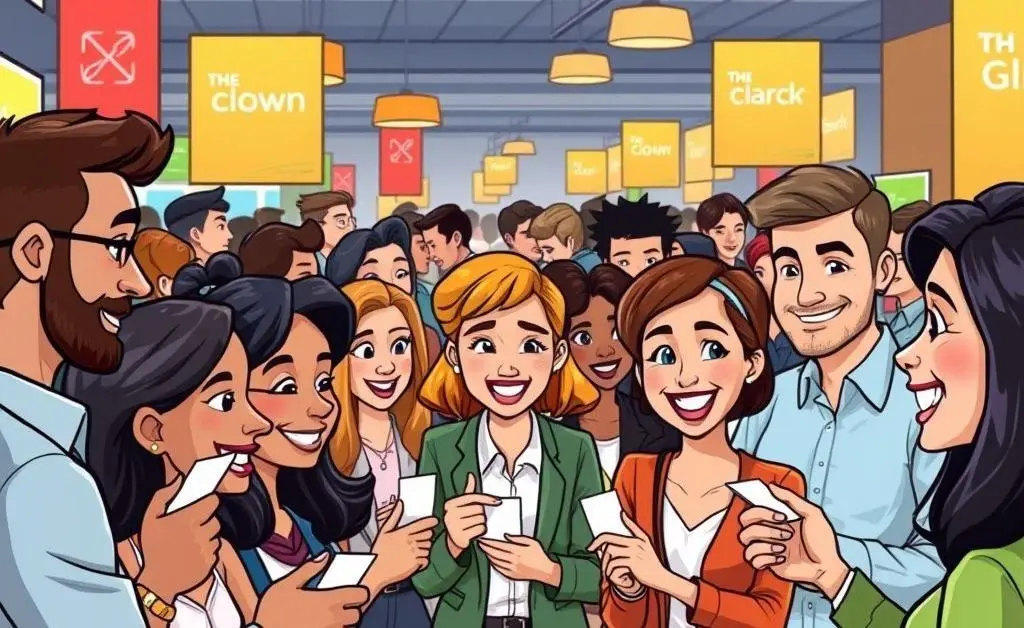 Cartoon-style networking event with diverse individuals exchanging business cards