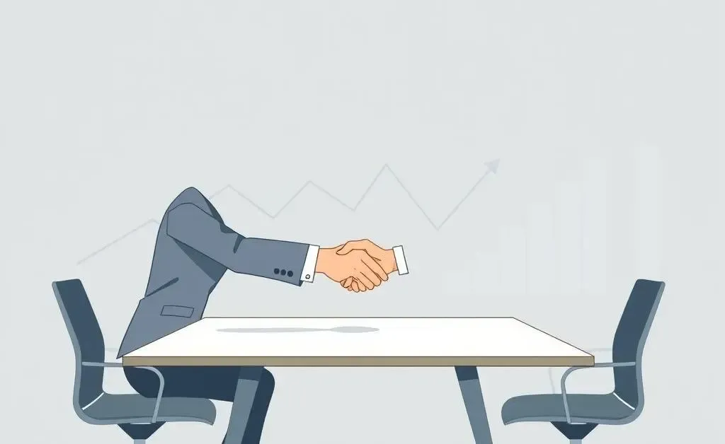 Minimalist image of people shaking hands with business charts in the background.