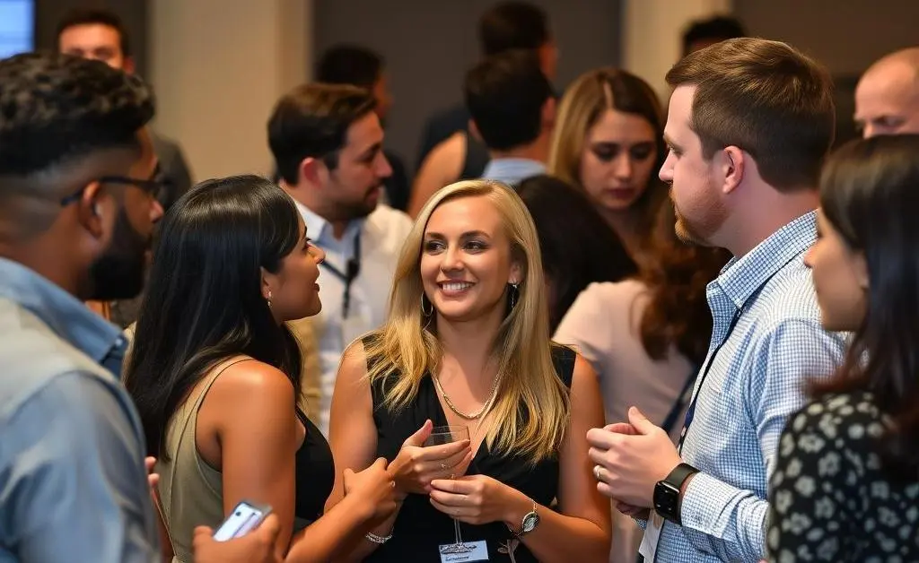 A diverse group of professionals engaging in a networking event