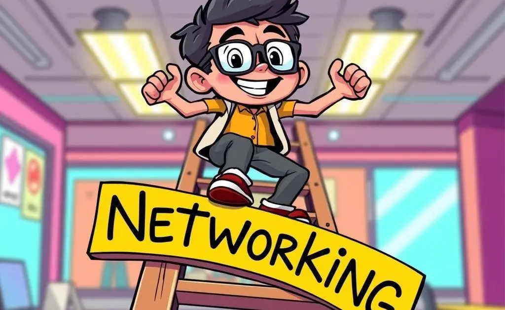 A cartoon character climbing a ladder labeled 'Networking'
