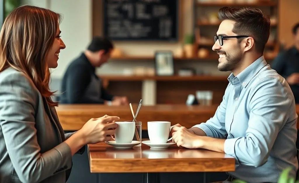 A dynamic coffee shop meeting between an agent and a potential client