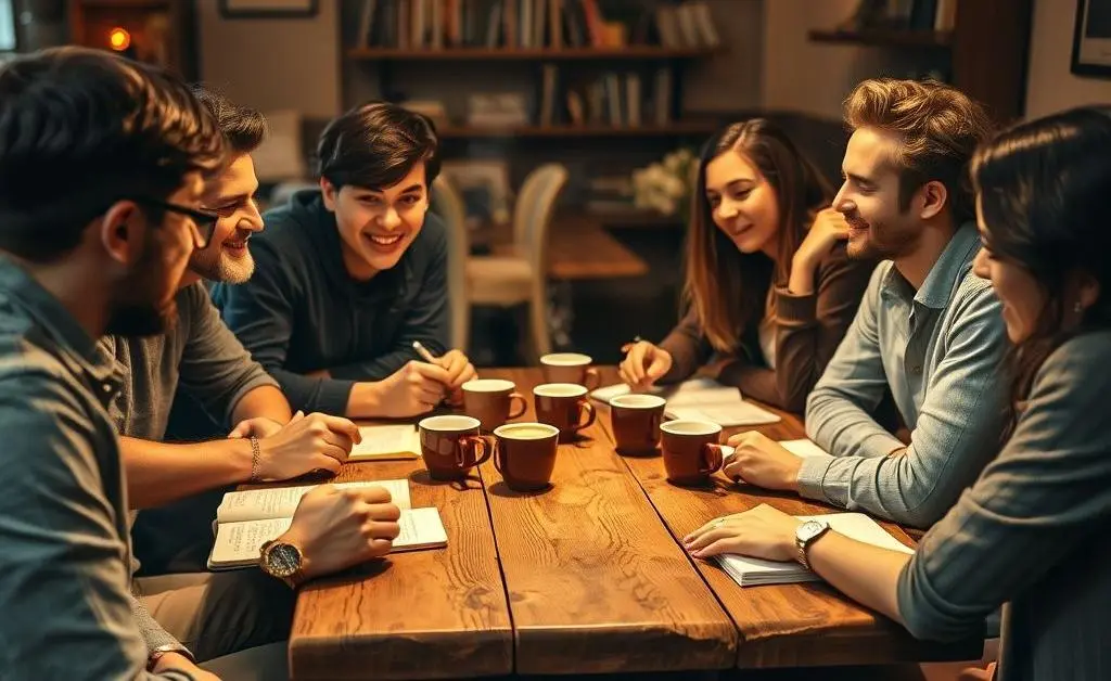 Individuals engaging in a lively discussion over coffee, notebooks open on a table.