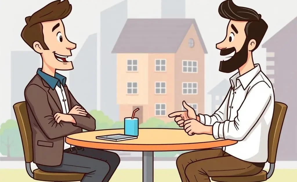 Friendly cartoon-style depiction of a real estate meeting with a few individuals discussing opportunities.