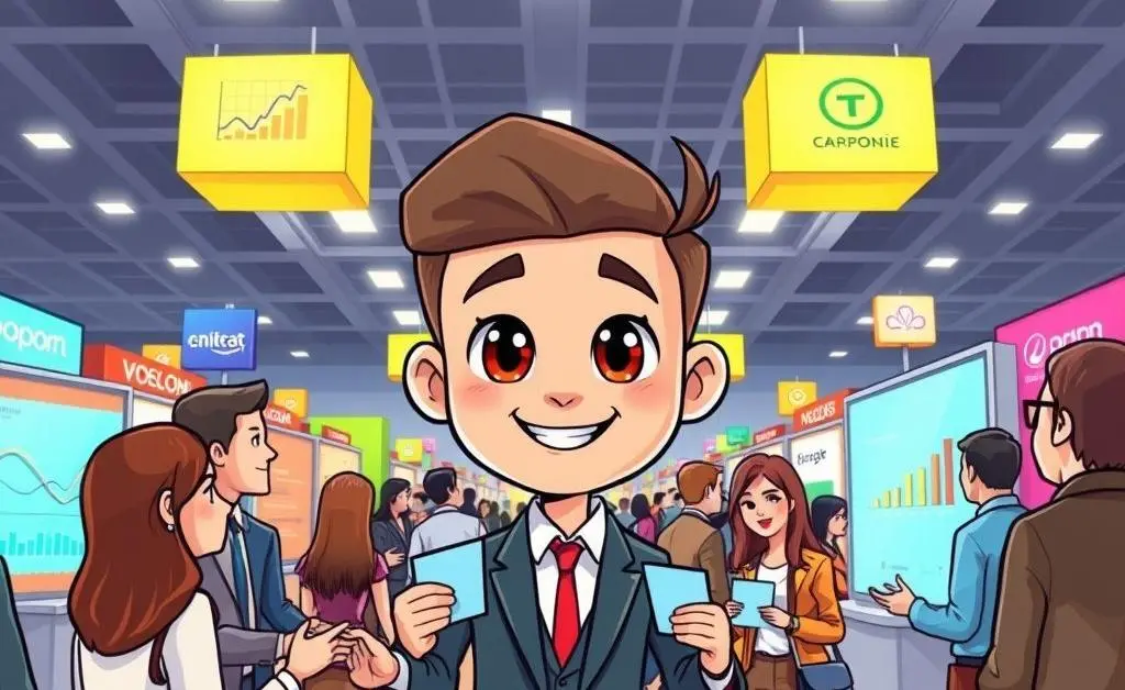 A character networking at an event