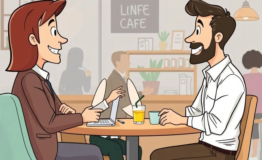 Cartoon image of an agent networking with clients at a cafe.