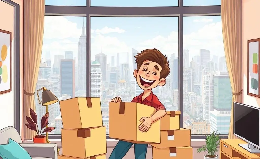 A cartoon illustration of a person happily unpacking boxes in a new apartment with a window view of a city skyline