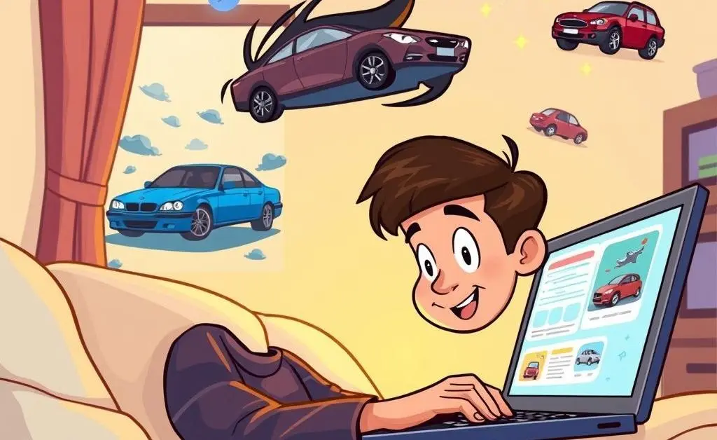 Person dreaming of a new car while looking at online car listings on a laptop