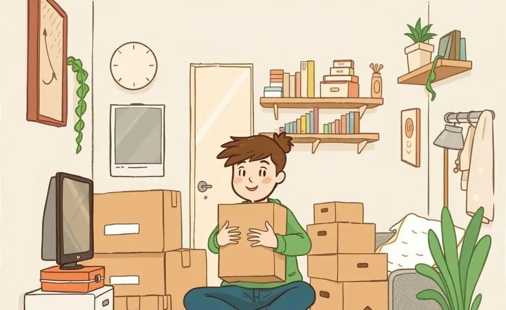 Illustration of a person in a cozy apartment, unpacking boxes