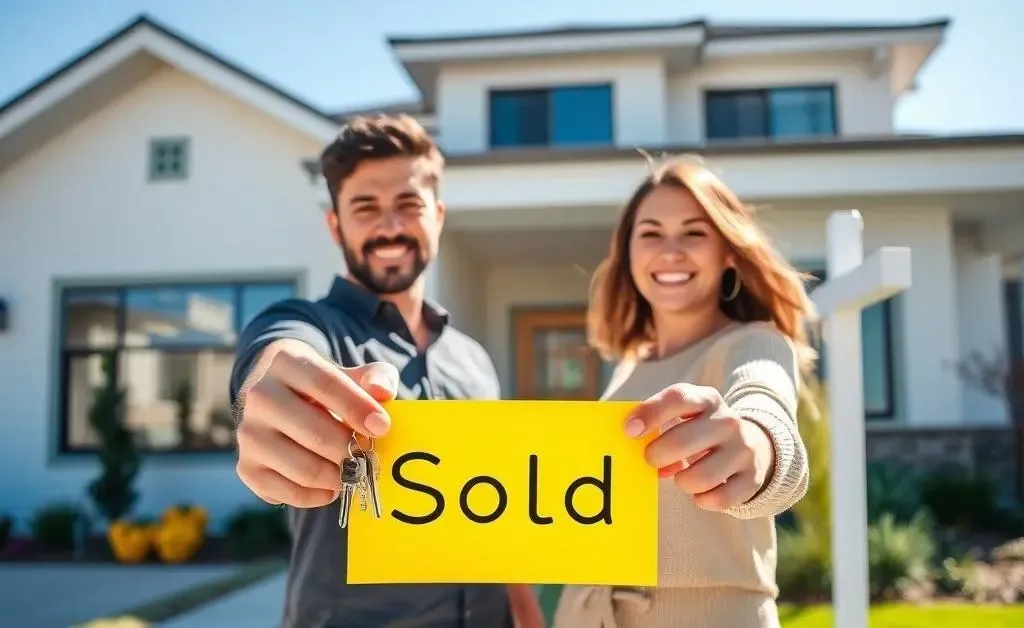 An excited couple holding keys in front of a new house with a 'Sold' sign.