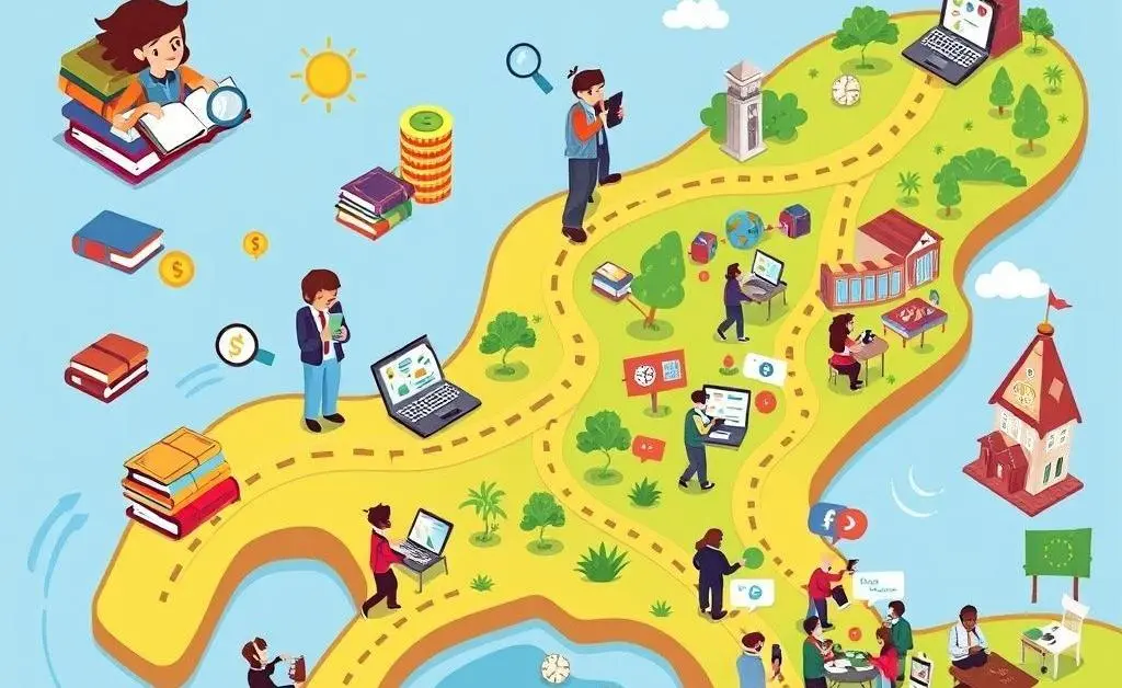 Cartoon-style map depicting a new investor's journey in real estate, from research to connections.
