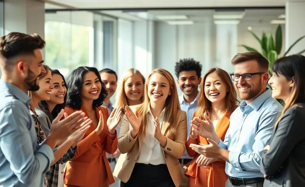 A group of office workers smiling and congratulating a new team member.