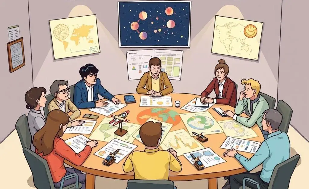 A cartoon-style depiction of people having a lively discussion around a big table filled with space charts and models