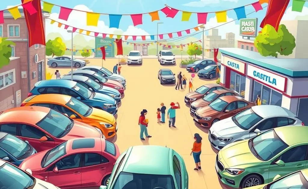 Car dealership lot with new and used cars on display