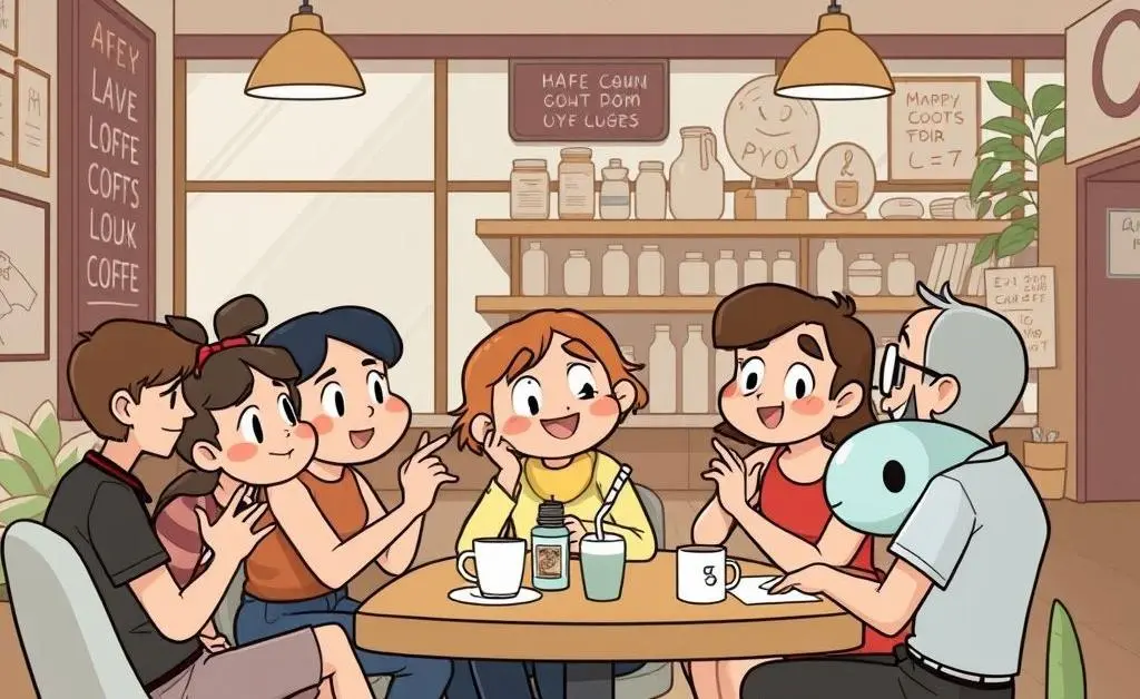 A friendly cartoon-style community of NFT artists and collectors discussing in a coffee shop.