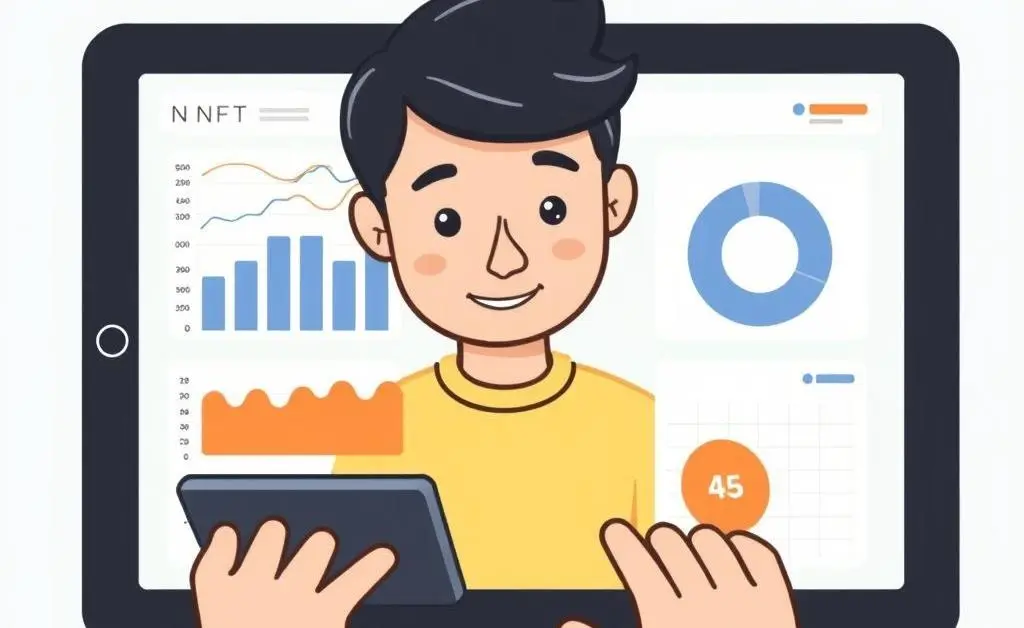 A cartoon-style person analyzing NFT data on a tablet.