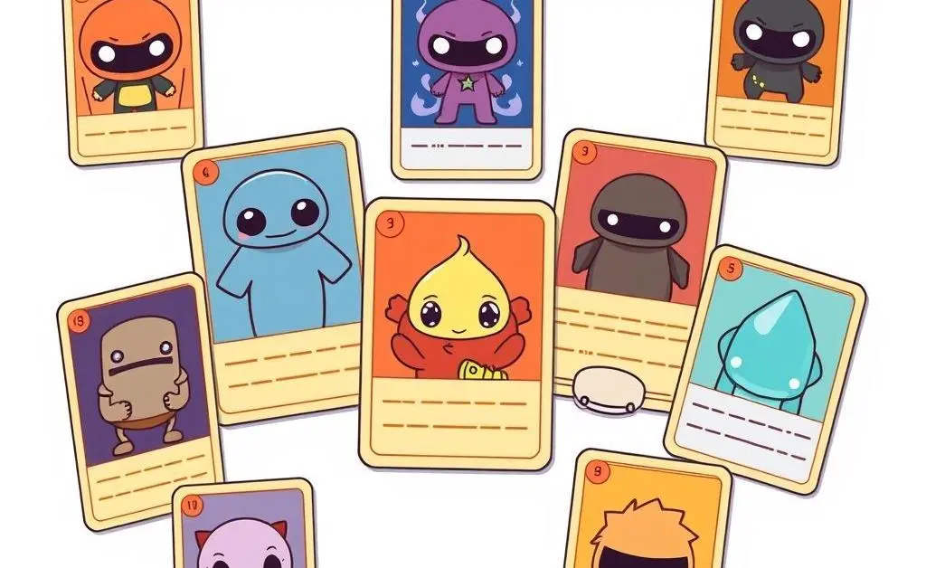 Various NFTs displayed like trading cards in a minimalist cartoon style.