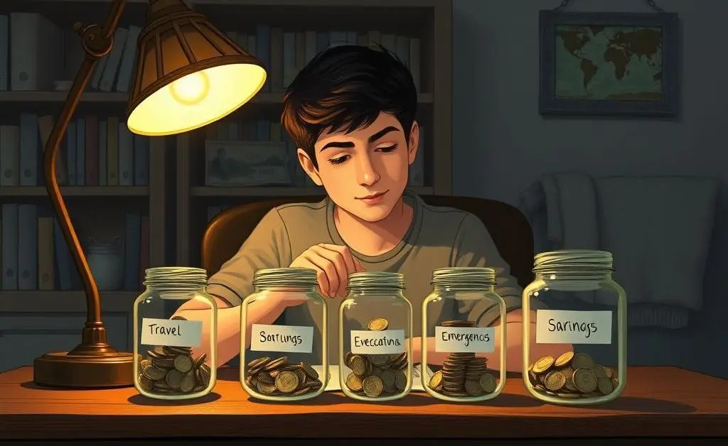 An illustration of a person organizing savings into jars labeled with different goals