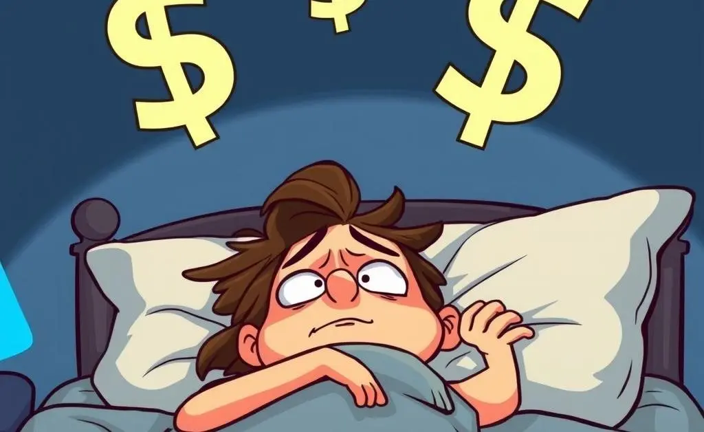 Cartoon person having a nightmare about their credit score, tossing and turning in bed with credit score numbers hovering above.