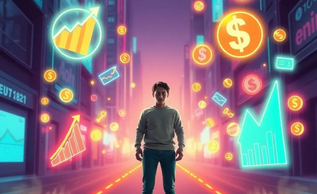 An illustration of a person navigating multiple paths in finance.