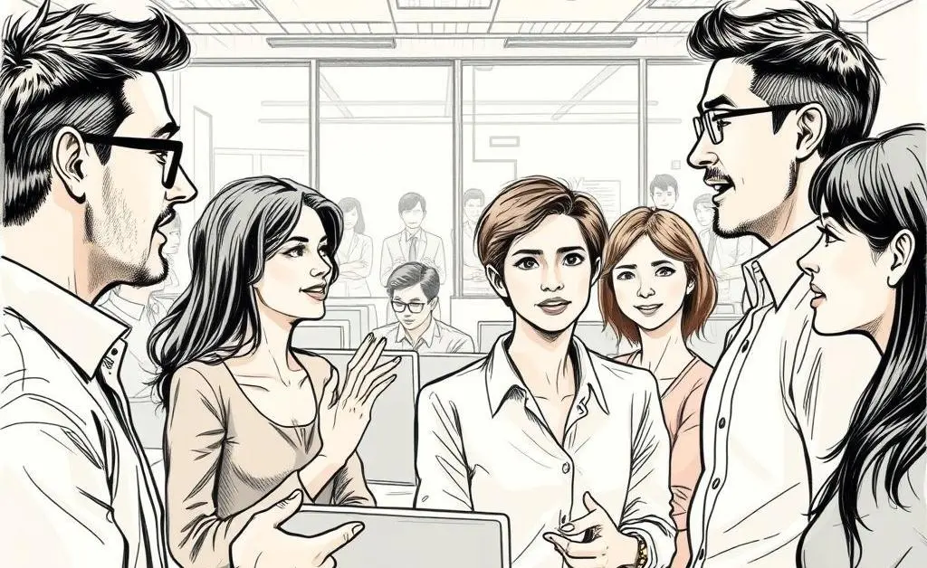 Various nonverbal cues like facial expressions and body language in an office setting