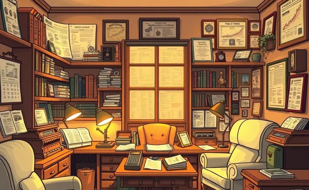 Cartoon-style illustration of a cozy room filled with vintage investment memorabilia.