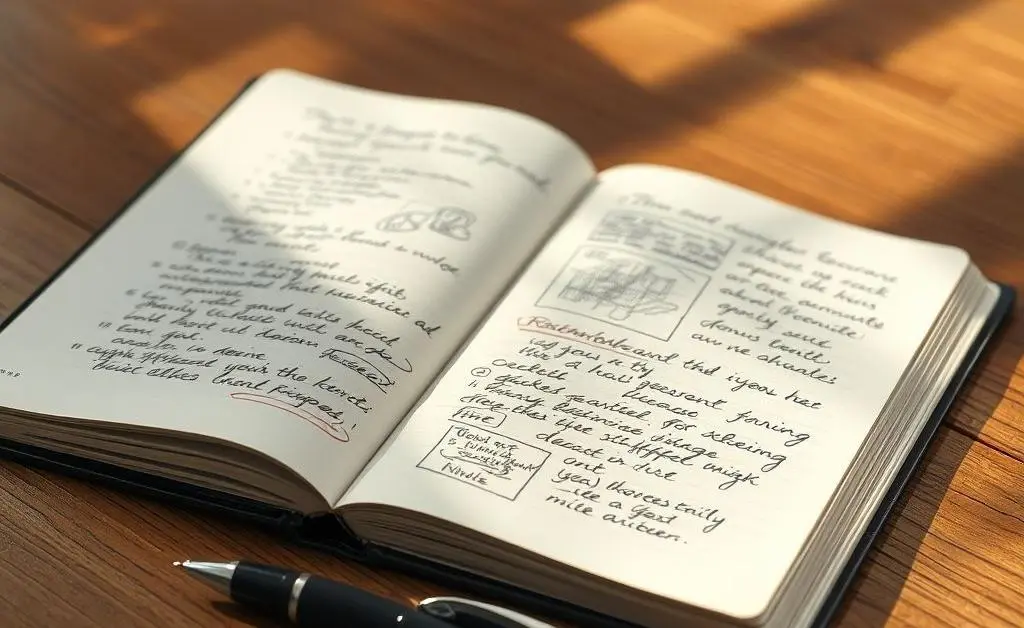 A close-up of a notebook open on a table with a pen beside it