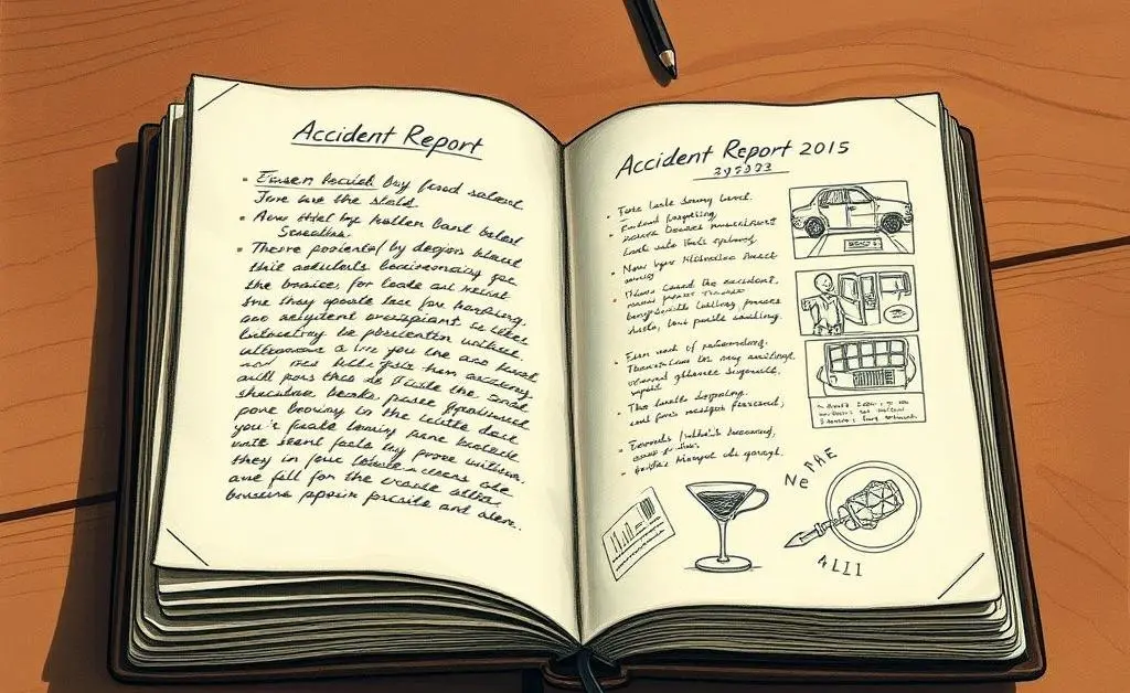 An open notebook with accident details and sketches