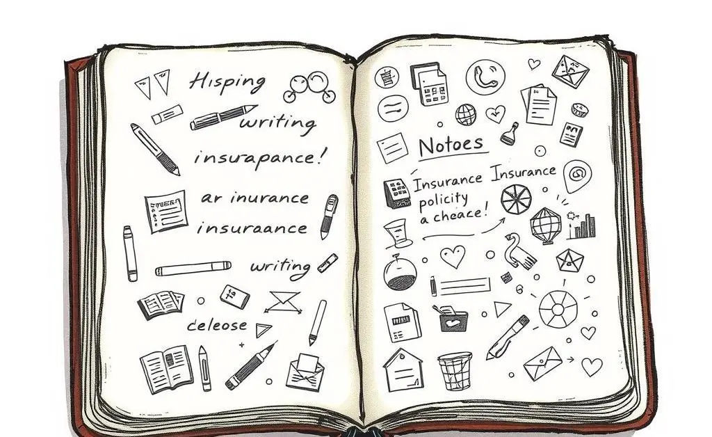 A notebook filled with ideas on writing and insurance.