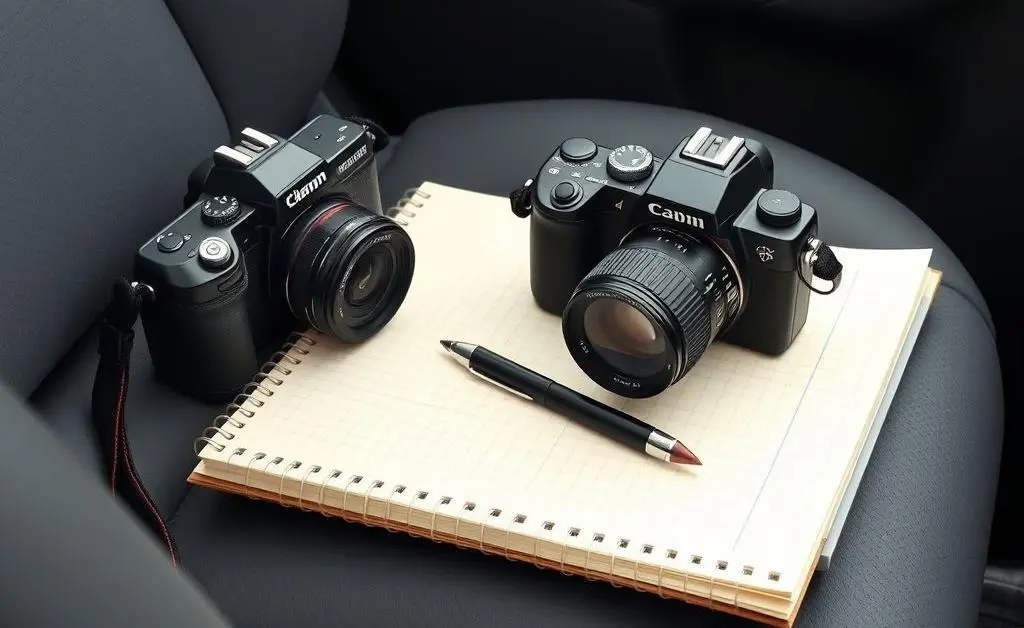 Notepad and camera on a car seat.
