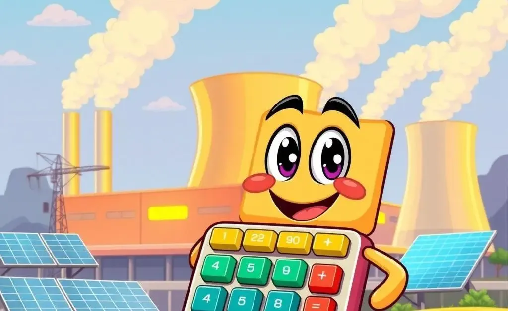 A cartoon-style image of a calculator with a nuclear power plant in the background, symbolizing investment calculations.