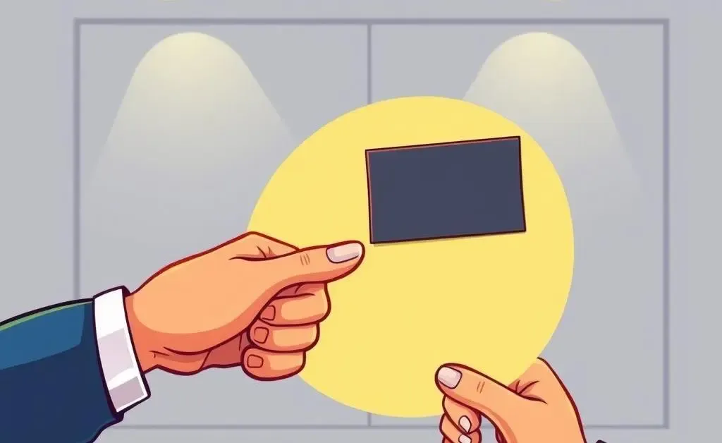 A hand handing a business card to another hand