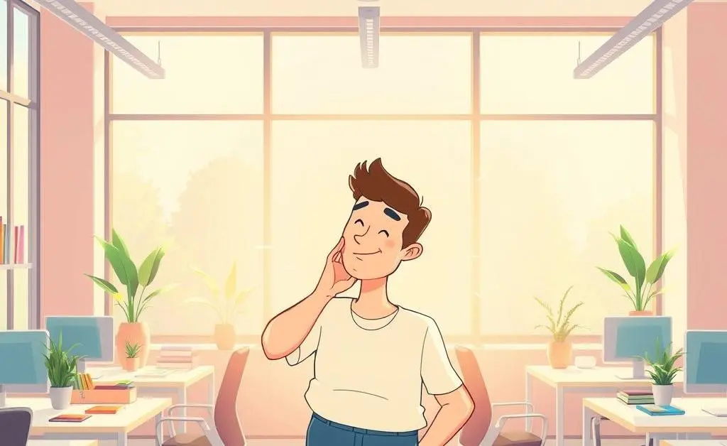 An individual in a bright, sunlit office overcoming anxiety
