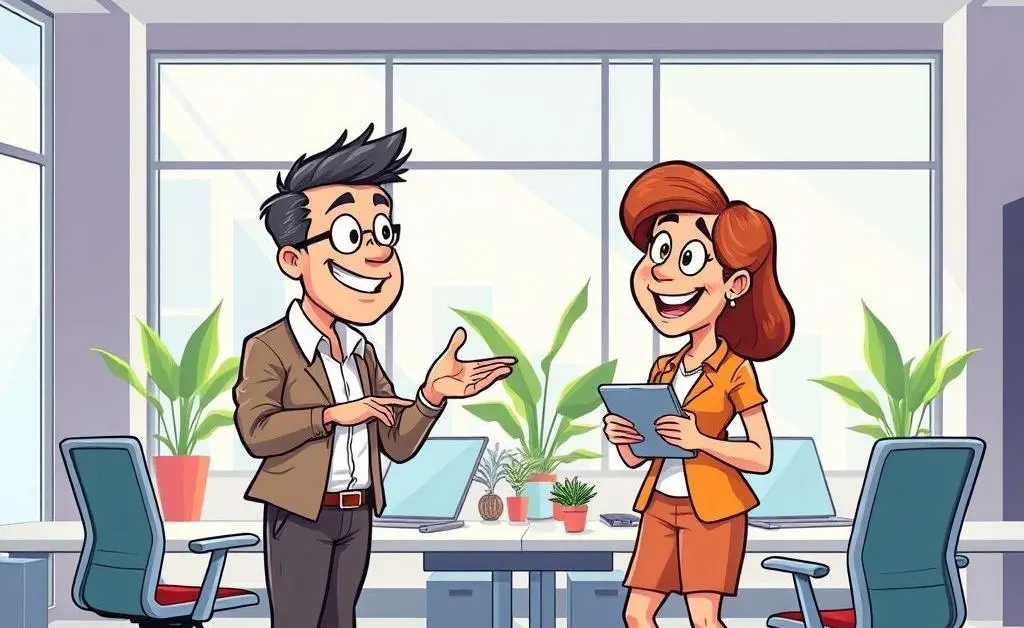 Cartoon of two colleagues discussing salary in a modern office setting.