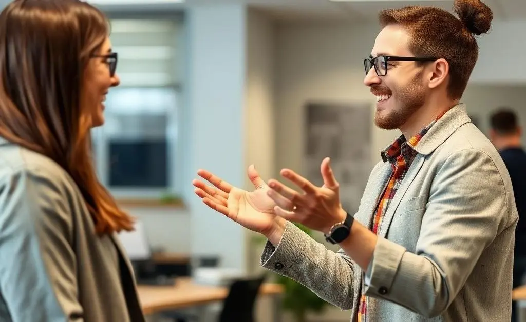 Two people discussing employment trends at the office.