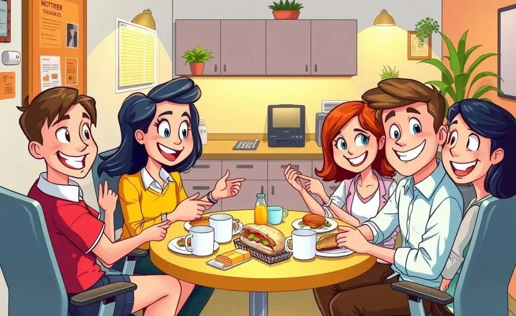 Illustration of office workers enjoying lunch together