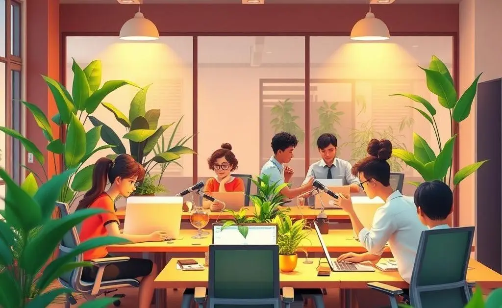 An animated scene of a cozy office space with plants, laptops, and team collaboration.