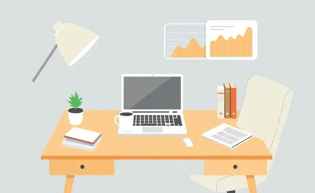 Cartoon of an office desk with financial graphs