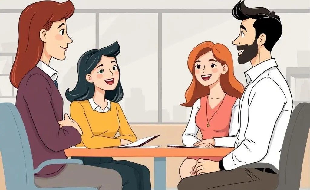 Illustration of people discussing careers in an office environment.