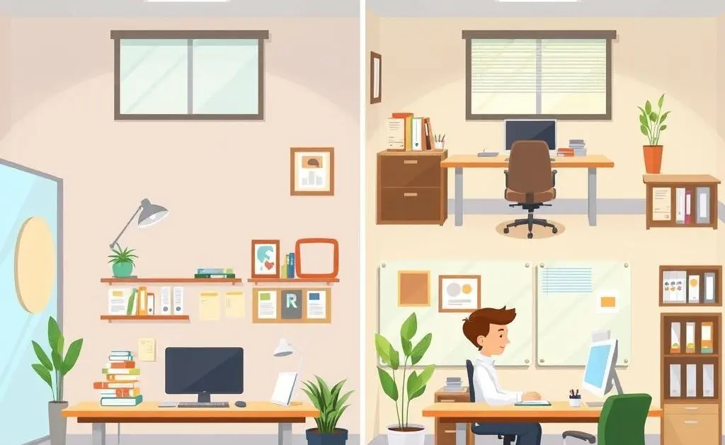 Cartoon-style image of different office environments side-by-side.
