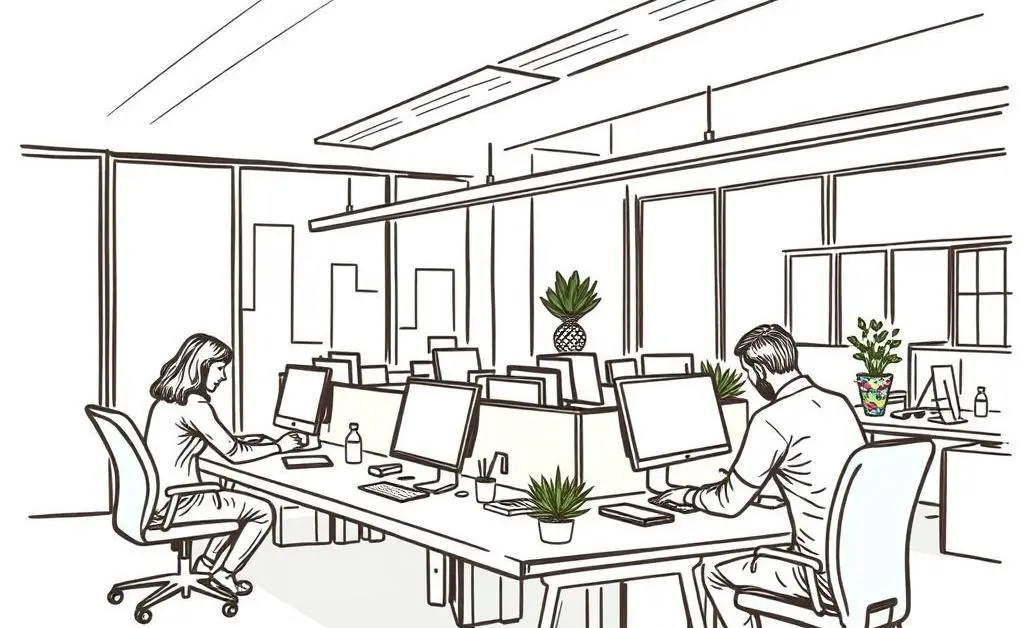 A hand-drawn image of a modern office with people working at their desks.