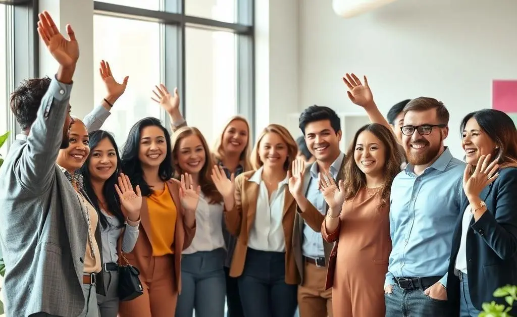 A group of colleagues smiling and waving goodbye to a coworker leaving the office.
