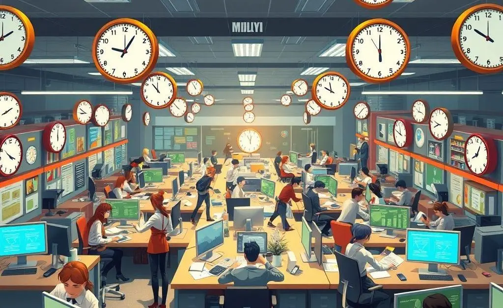 Busy office environment reflecting high-pressure work
