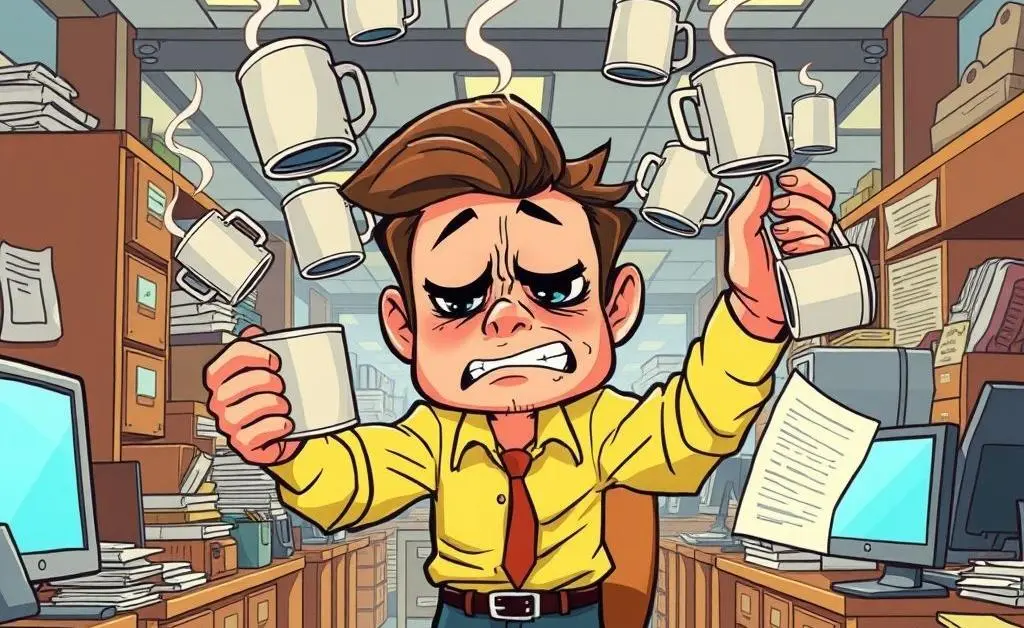 Person juggling multiple coffee cups and documents in an office setting.