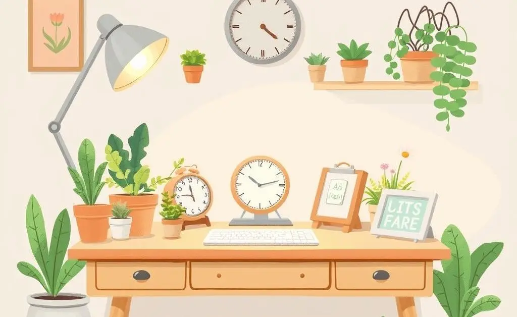 A hand-drawn animation of a desktop with a variety of small office plants and decor items like a clock and a photo frame.