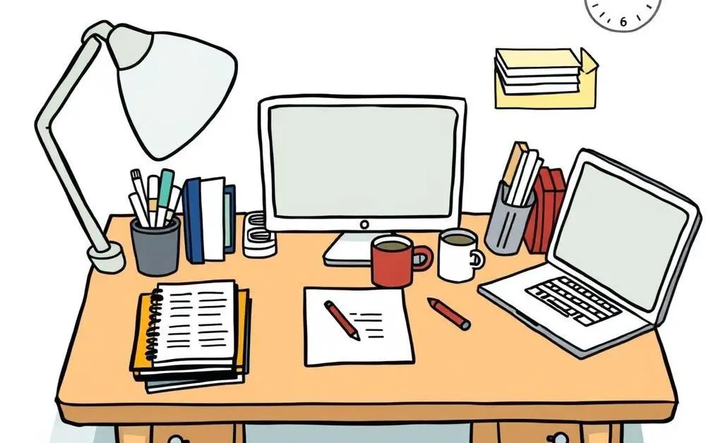 A desk neatly organized with items like a planner, coffee mug, and laptop