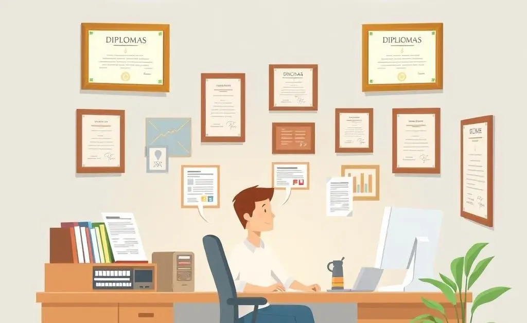 Person working at a computer in a cozy office with diplomas on the wall