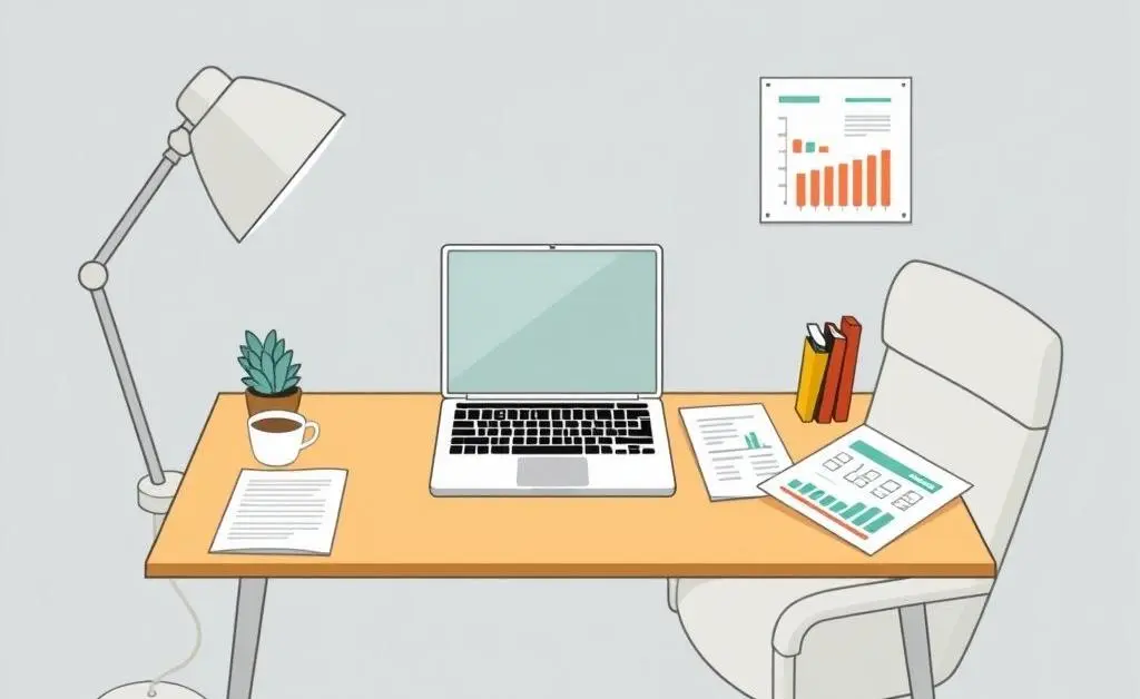 A minimalist cartoon-style depiction of a private equity analyst's desk, complete with a laptop, financial reports, and a coffee cup.