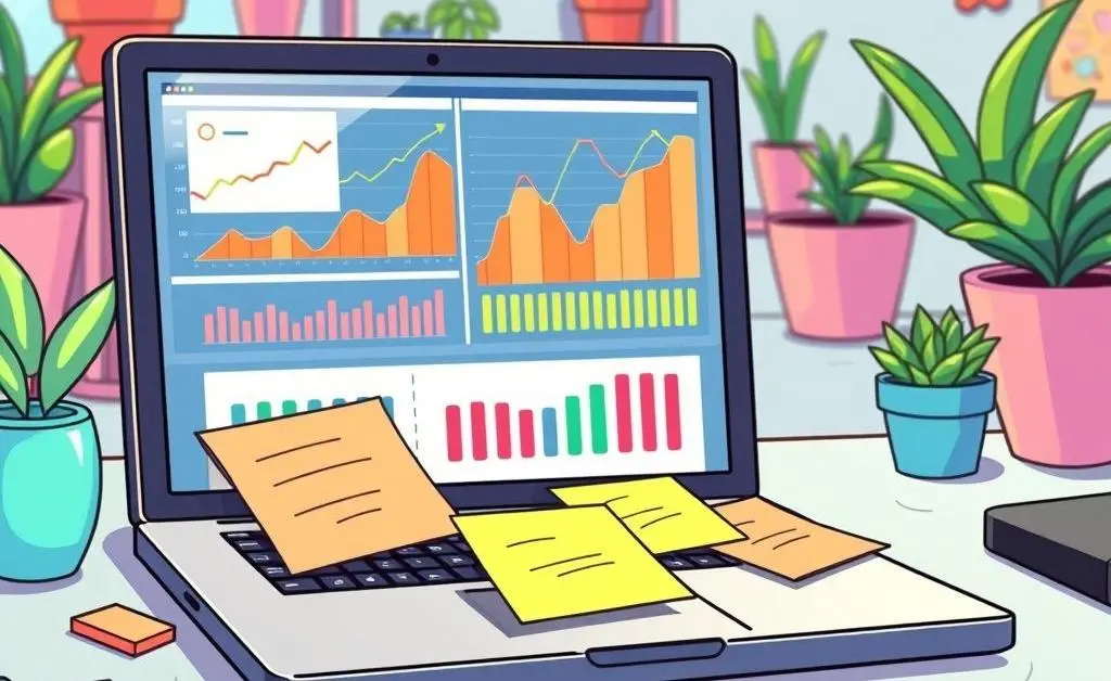 Office setup with a laptop displaying financial graphs and notes.